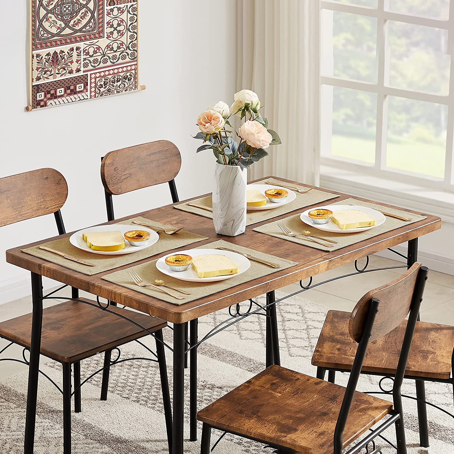 VECELO Farmhouse Style 5 Piece Dining Table Set Metal and Wood Rectang