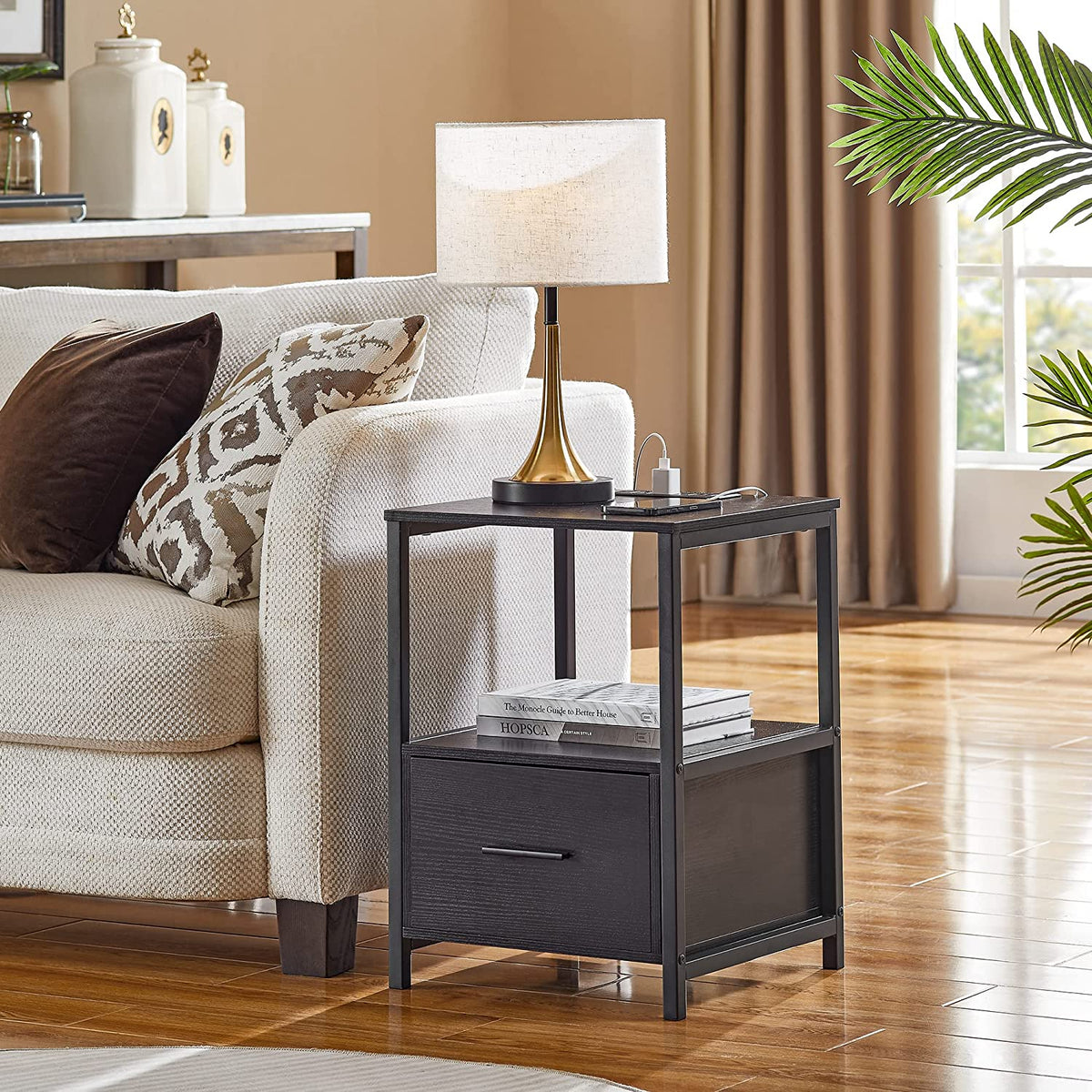 VECELO Nightstand with Charging Station End/Side Table with Storage Dr