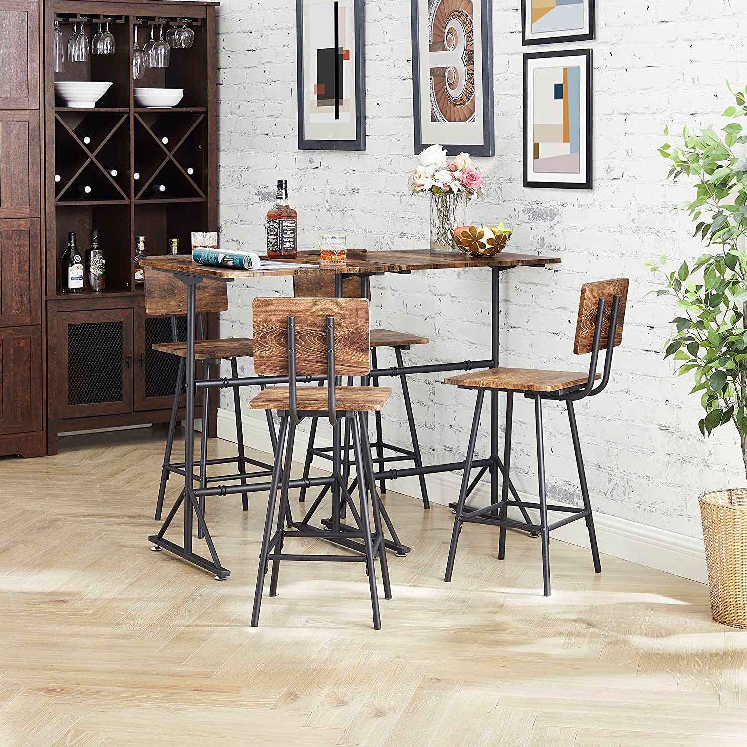 VECELO 3 Piece Bar Table Set Wood Rectangle Counter Height Dinette wi